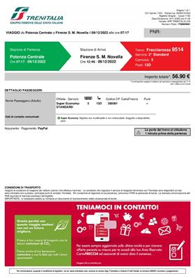 2 biglietti Frecciarossa Potenza Firenze 09/12/22