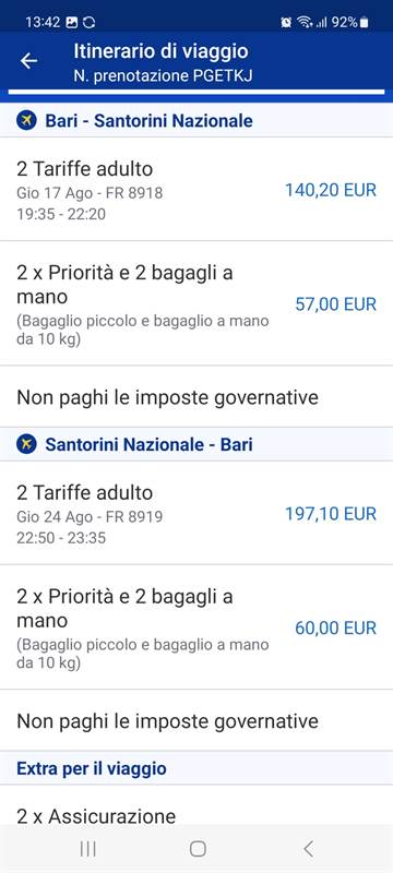 2 biglietti Ryanair Bari Santorini