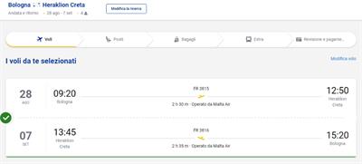 4 biglietti aerei andata/ritorno Volo per Creta