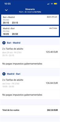 Biglietti Rayanair 2 persone andata e ritorno Bari/Madrid