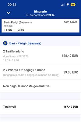 Biglietto aereo Bari-Parigi