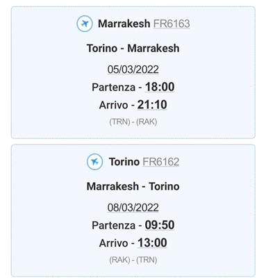 2 biglietti aerei Torino-Marrakesh