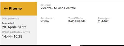 2 biglietti ITALO Vicenza - Milano - 20/04