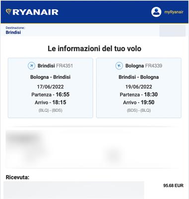 Volo Ryan Bologna - Brindisi AR -> 17 / 19 giugno