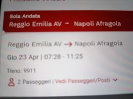 2 biglietti Reggio Emilia. Napoli Afragola 23 aprile
