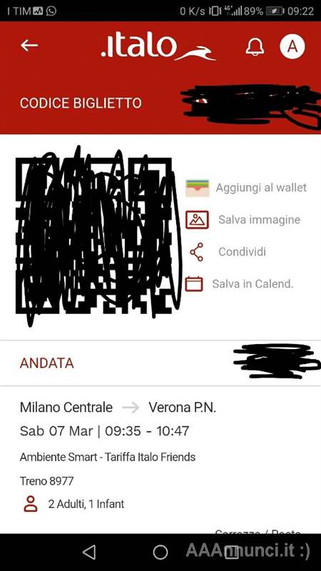 2 biglietti Italo Milano Verona 7/03