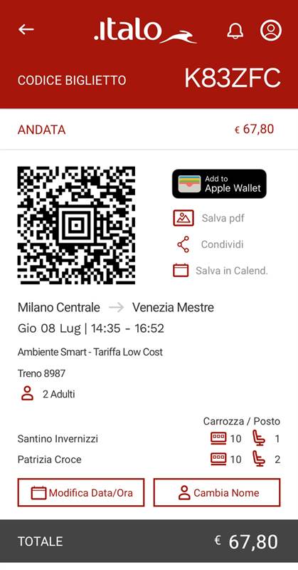 Biglietti per 2 persone Milano Centrale - Venezia Mestre
