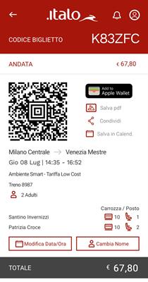 Biglietti per 2 persone Milano Centrale - Venezia Mestre