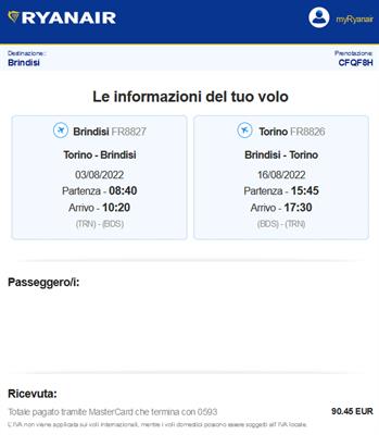 Volo Torino-Brindisi