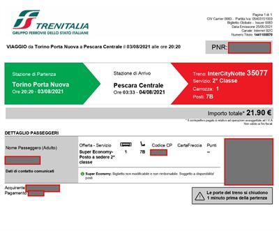2 biglietti A/R Trenitalia Torino - Pescara