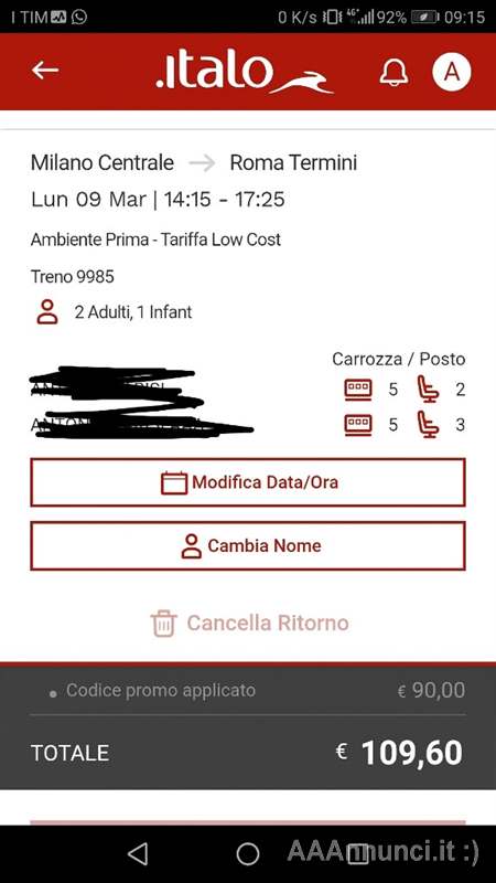 2 biglietti treno Milano Roma 9/03