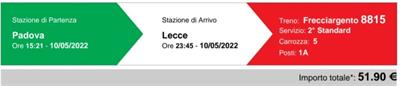 2 biglietti treno Padova-Lecce Mar 10/05/2022