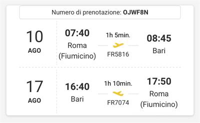 4 biglietti andata e ritorno Roma-Bari 10/17 agosto
