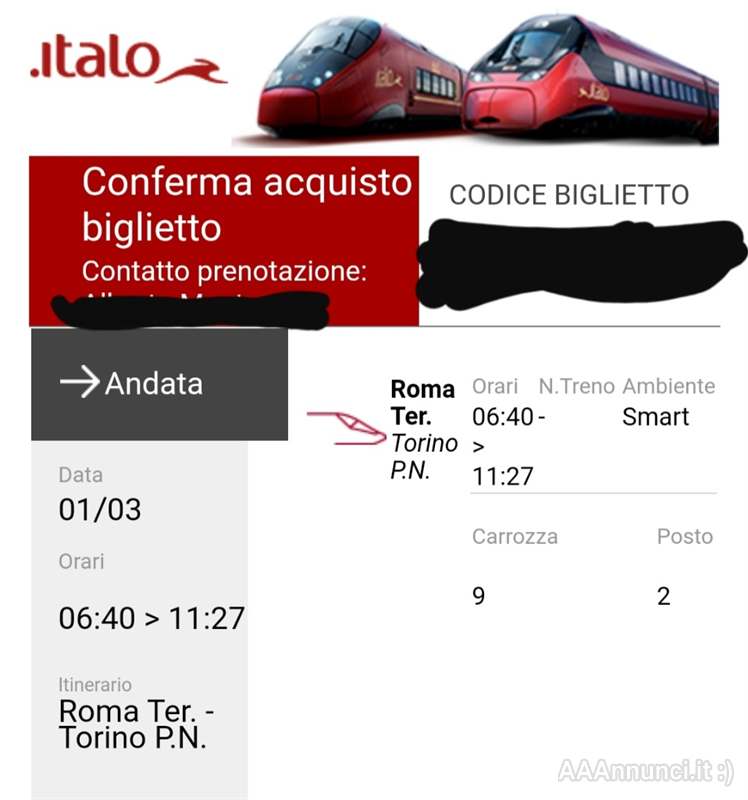Biglietto Roma Torino 01/03