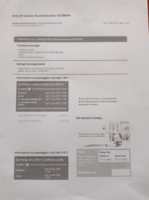 2 biglietti A/R Milano Linate/Parigi Orly