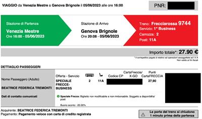 Biglietto Frecciarossa 9744 05/06 Mestre - Ge Brignole