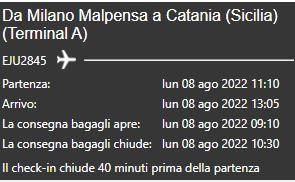 Milano Catania A/R - 2 biglietti aerei - da 8 a 16 Agosto