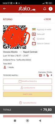 Venezia Mestre Napoli Centrale prima classe