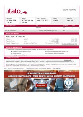 Viaggio Italo Roma - Reggio Emilia del 8/2/2022
