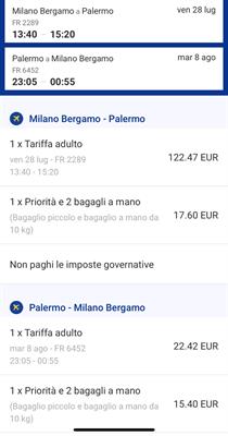 Volo Ryanair - da Milano (Bergamo) 27 lug a Palermo 8 ago
