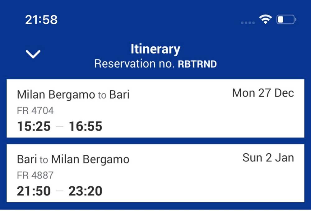 4 biglietti aerei Bergamo Bari