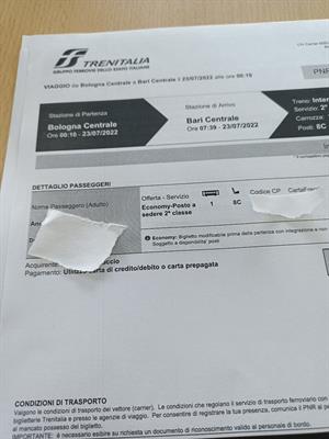 Biglietto Bologna Bari 23/7