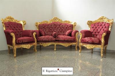 Set Salotto divano poltrone tavolo bordeaux barocco