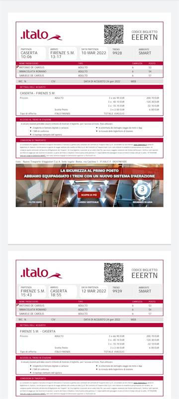 3 biglietti A/R Caserta Firenze