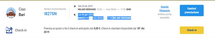 Biglietti Ryanait A/R da Orio al Serio (MI Bergamo) a Bari