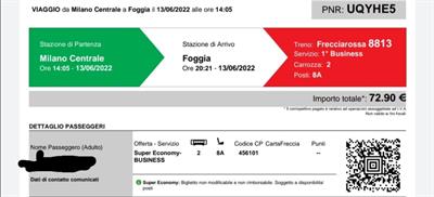 2 Biglietti treno Milano Centrale - Foggia