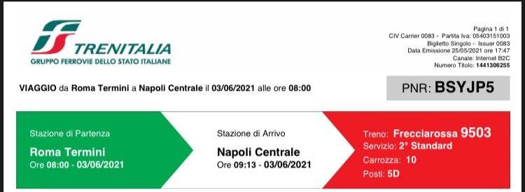 Biglietto treno Frecciarossa A/R Roma - Napoli