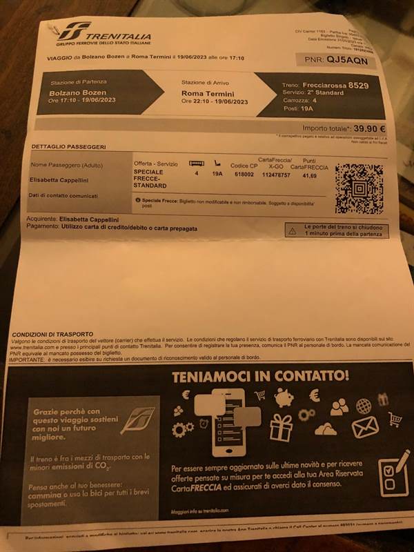 Vendita biglietto Bolzano Roma