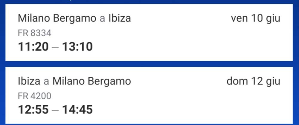 Biglietti Bergamo/Ibiza A/R. 10-12 giugno