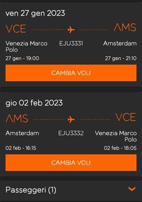 1 Biglietto Venezia-Amsterdam, andata e ritorno