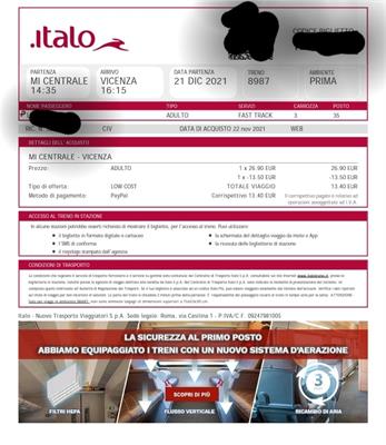 Italo biglietto nominativo donna Milano-Vicenza - prima clas