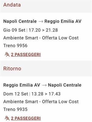 Biglietto per 2 persone A/R Napoli Centrale-Reggio Emilia