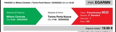Biglietto Frecciarossa Milano Torino - 24 Marzo 2022