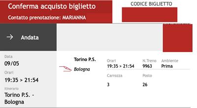 Biglietto Italo Torino P.S - Bologna