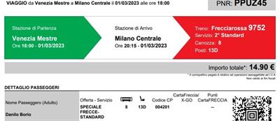 Frecciarossa da Venezia Mestre a Milano Centrale il 01/03/23