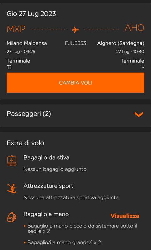Malpensa - Alghero 27 Luglio 2023 2 persone