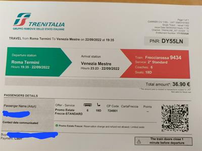Biglietti treno per due adulti Roma - Mestre