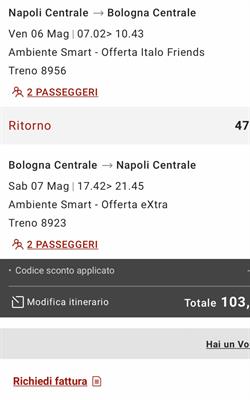 N.2 biglietti Italo A/R Napoli Bologna