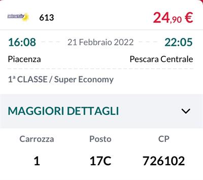 BIGLIETTO TRENITALIA DEL 21 febbraio 2022 Piacenza - Pescara