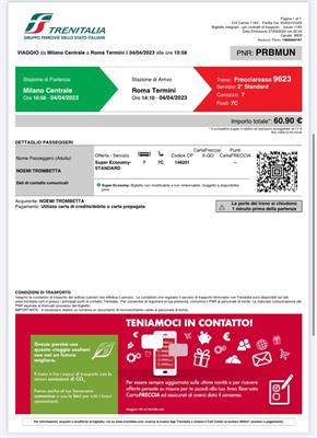 Milano - Roma Termini 4/4 + Roma Termini - Milano 6/4