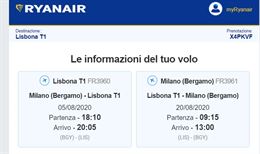 2 biglietti A/R Milano Lisbona 5-20 agosto