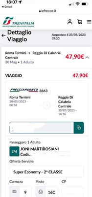 Biglietto da Roma Termini a Reggio di Calabria Centrale