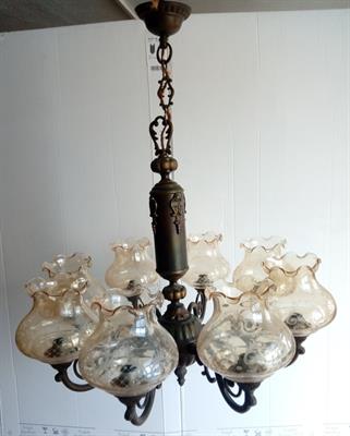 Lampadario in ottone e Vetro inciso 8 bracci