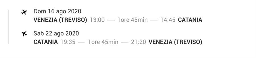 2 Biglietti A/R Venezia Catania Agosto 2020