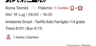 Roma Palermo Italo+itabus 19.07 per 3 persone da termini