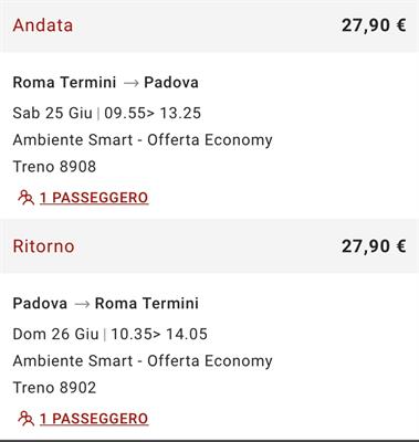 Biglietto Treno Italo Roma - Padova A/R 25/6-26/6